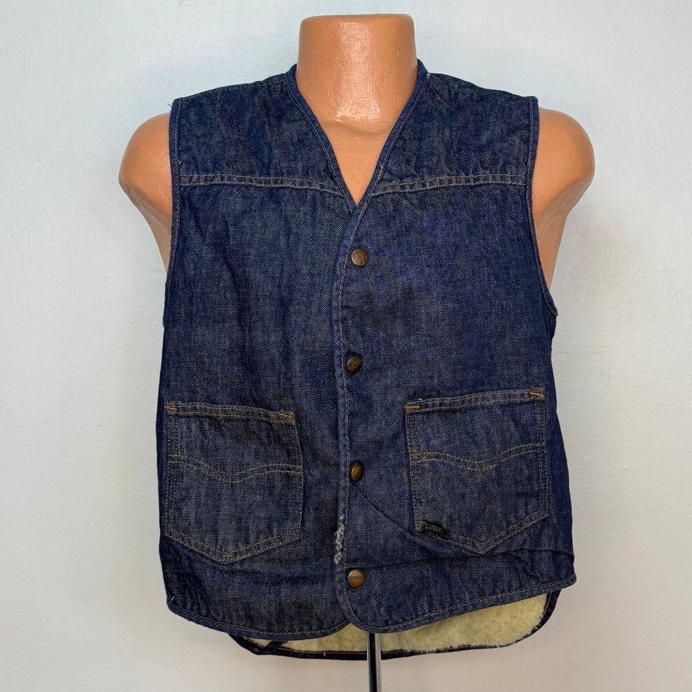 Vintage 1970s Denim Vest, Faux Sherpa Lined, Roebucks Size Medium